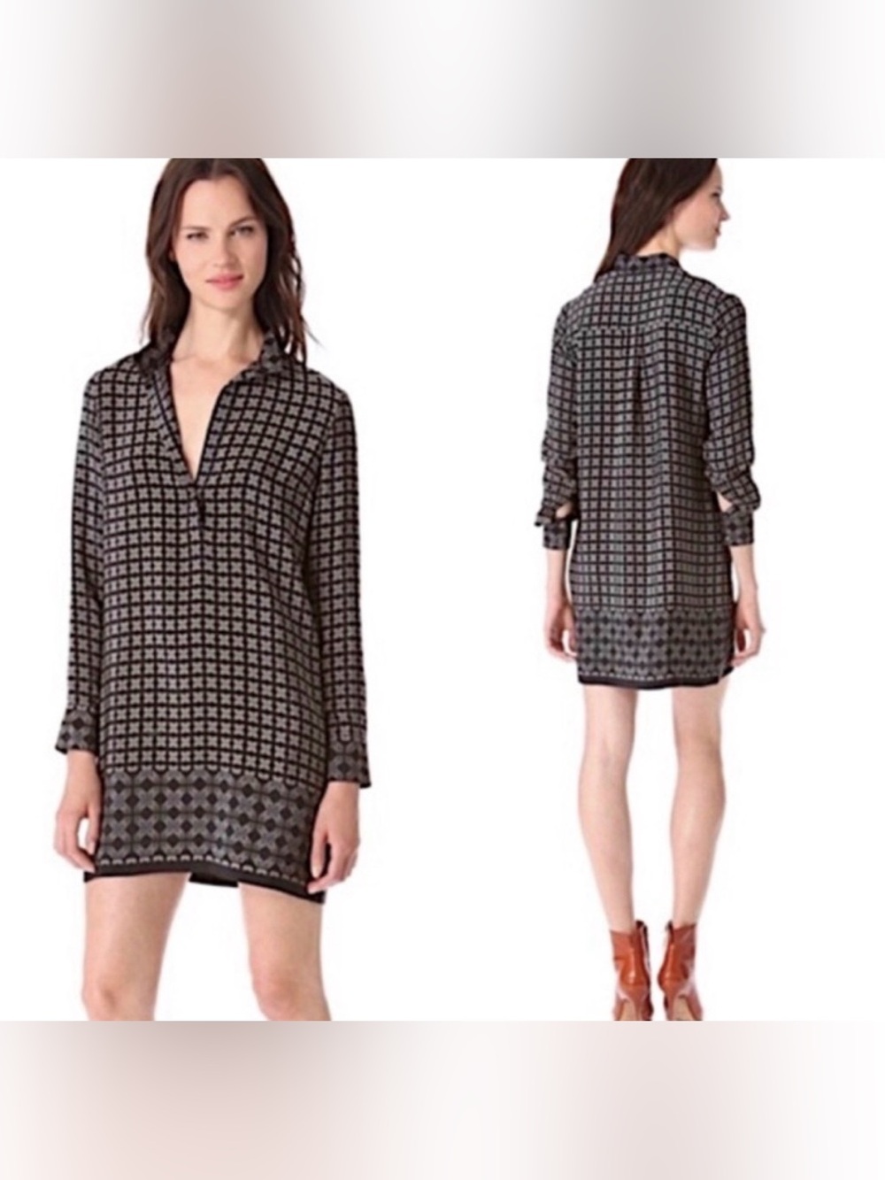 VINCE Geo Grid Print 100% Silk Tunic Long Sleeve Mini Dress Black Tan Sz 2